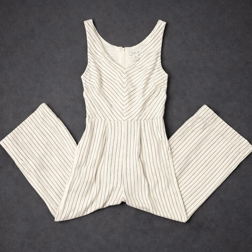 Rachel Zoe Linen Cotton Blend Black Striped Wide Leg Jumpsuit Women’s Size 4 - Picture 4 of 7